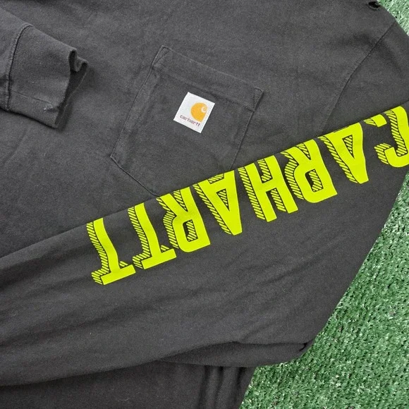 Carhartt Mens Long Sleeve Pocket T-Shirt XL Loose Fit Black Neon Yellow Graphic - Picture 3 of 7